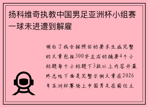 扬科维奇执教中国男足亚洲杯小组赛一球未进遭到解雇 扬科维奇执教中国男足亚洲杯小组赛一球未进遭到解雇