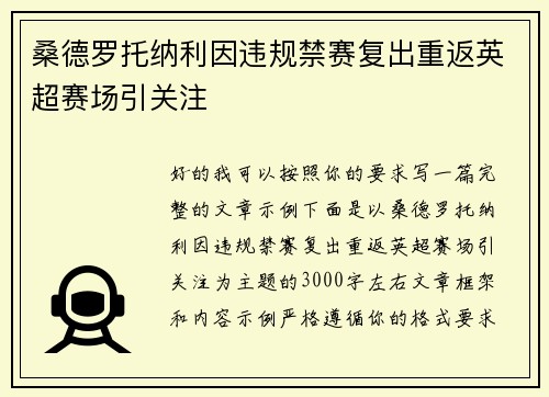 桑德罗托纳利因违规禁赛复出重返英超赛场引关注 桑德罗托纳利因违规禁赛复出重返英超赛场引关注